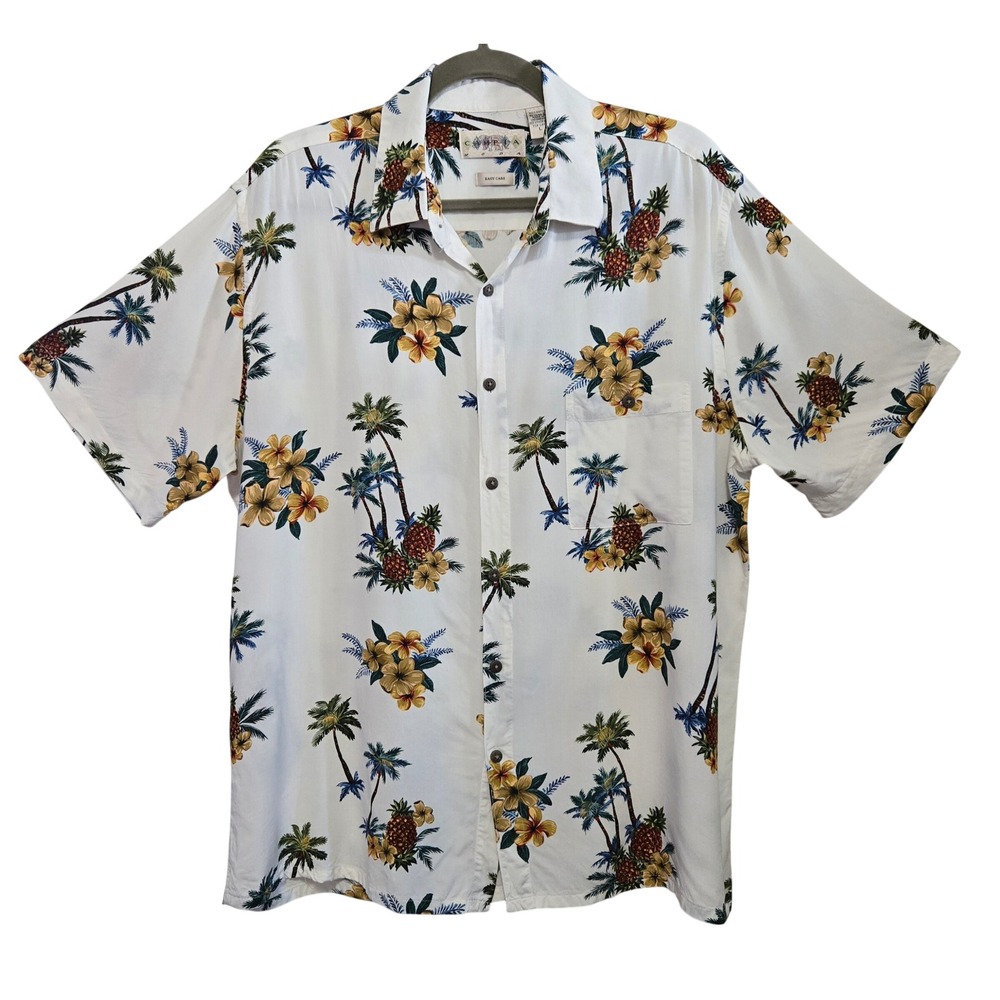 Campia Moda Mens Large White Tropical Pineapple Palm Rayon Button Down Shirt